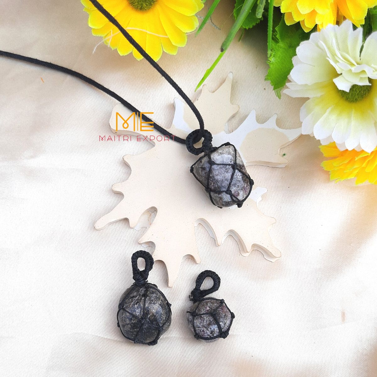 Thread wrapped macrame Crystal tumble pendants with black thread chain-Maitri Export | Crystals Store