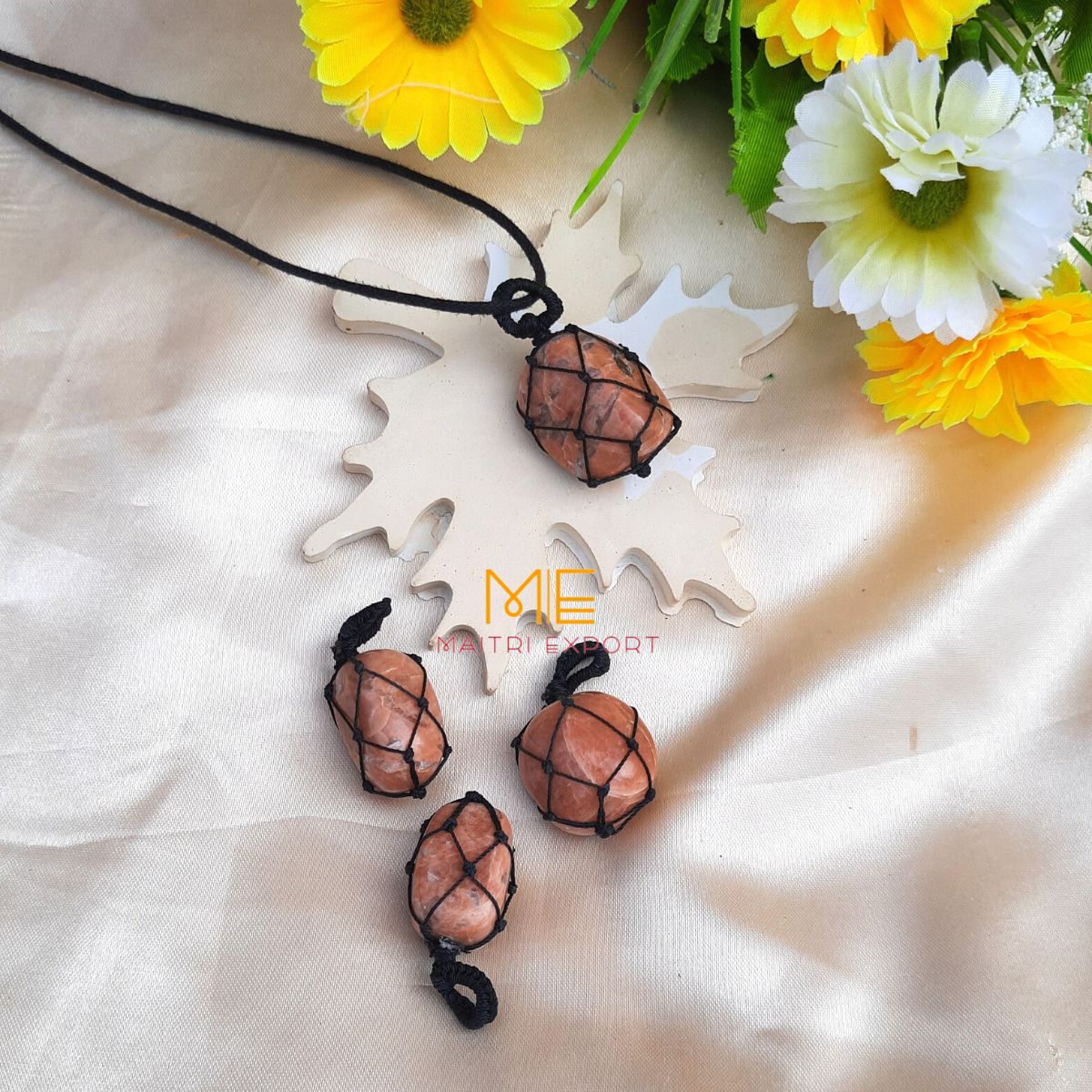 Thread wrapped macrame Crystal tumble pendants with black thread chain-Maitri Export | Crystals Store