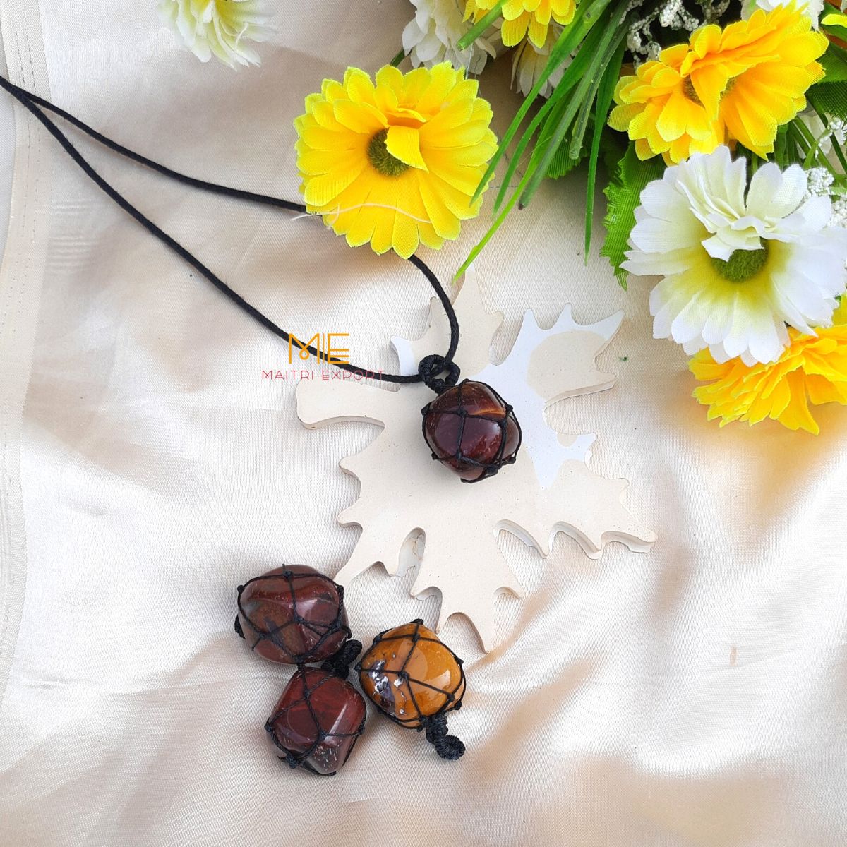 Thread wrapped macrame Crystal tumble pendants with black thread chain-Mookite Jasper-Maitri Export | Crystals Store