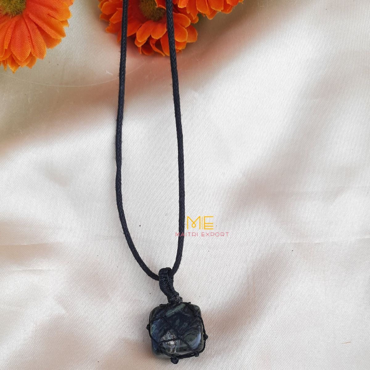 Thread wrapped macrame Crystal tumble pendants with black thread chain-Maitri Export | Crystals Store