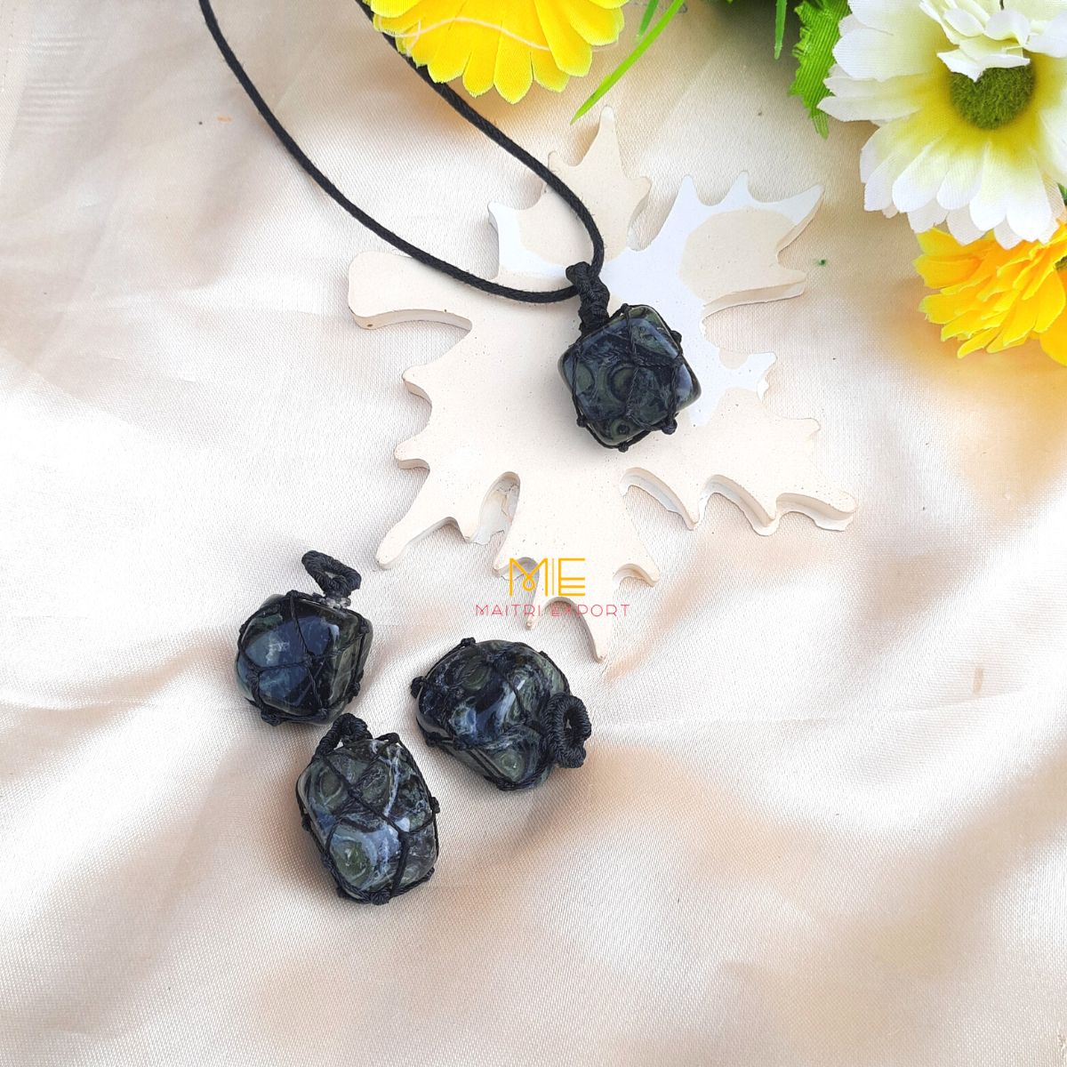 Thread wrapped macrame Crystal tumble pendants with black thread chain-Kambaba Jasper-Maitri Export | Crystals Store