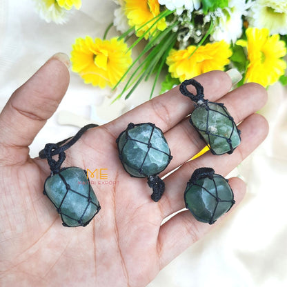 Thread wrapped macrame Crystal tumble pendants with black thread chain-Green Fluorite-Maitri Export | Crystals Store