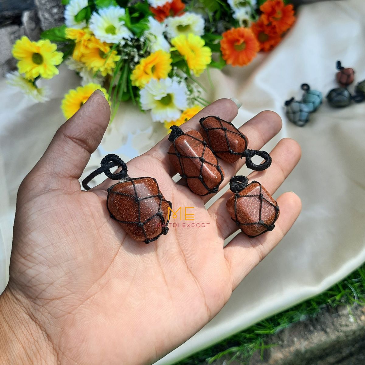 Thread wrapped macrame Crystal tumble pendants with black thread chain-Red Goldstone-Maitri Export | Crystals Store