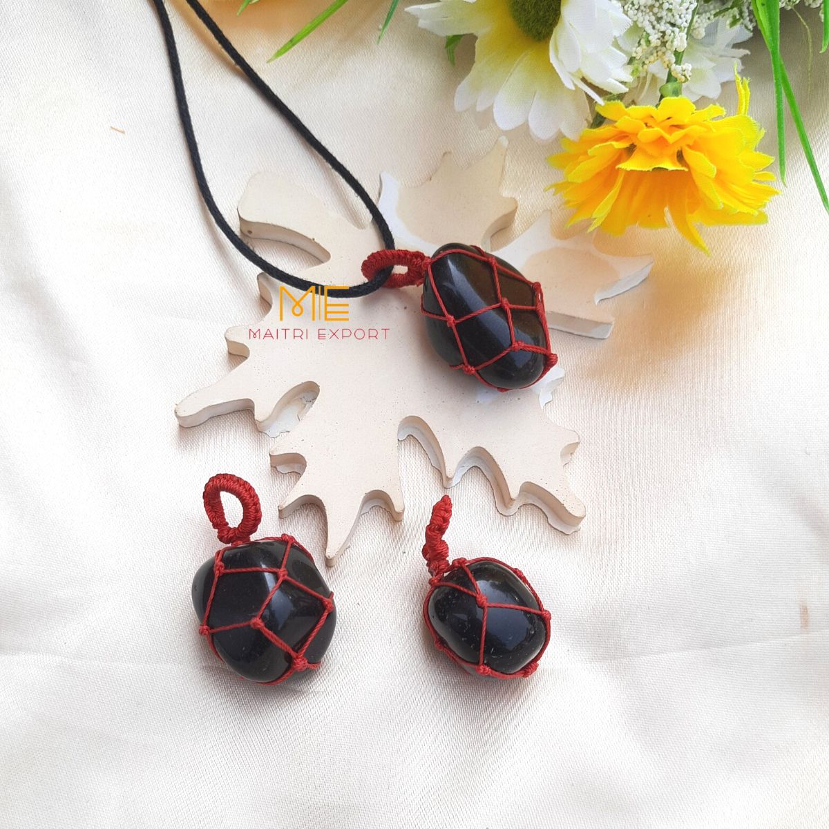 Thread wrapped macrame Crystal tumble pendants with black thread chain-Maitri Export | Crystals Store