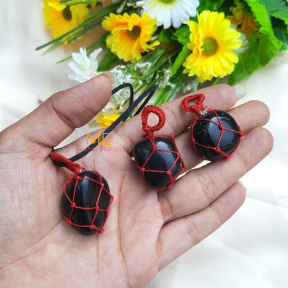 Thread wrapped macrame Crystal tumble pendants with black thread chain-Black Onyx-Maitri Export | Crystals Store