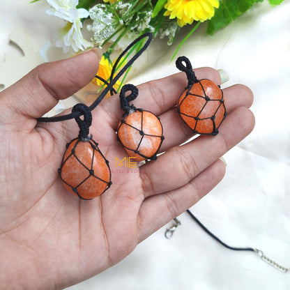 Thread wrapped macrame Crystal tumble pendants with black thread chain-Orange Onyx-Maitri Export | Crystals Store