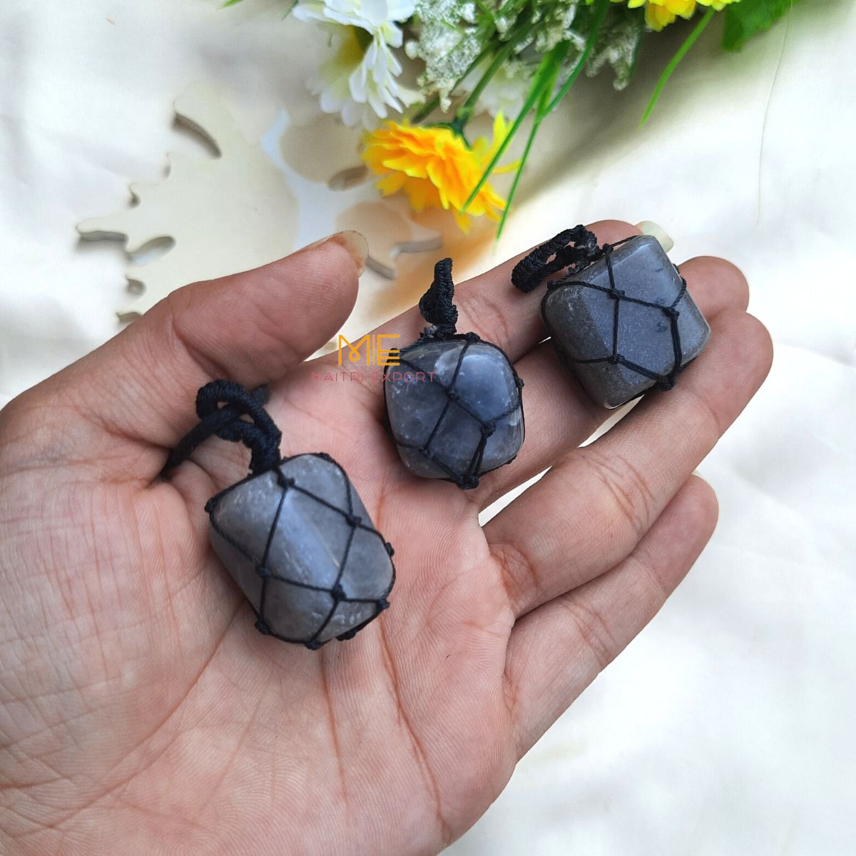 Thread wrapped macrame Crystal tumble pendants with black thread chain-Iolite-Maitri Export | Crystals Store