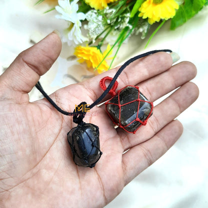 Thread wrapped macrame Crystal tumble pendants with black thread chain-Labradorite-Maitri Export | Crystals Store