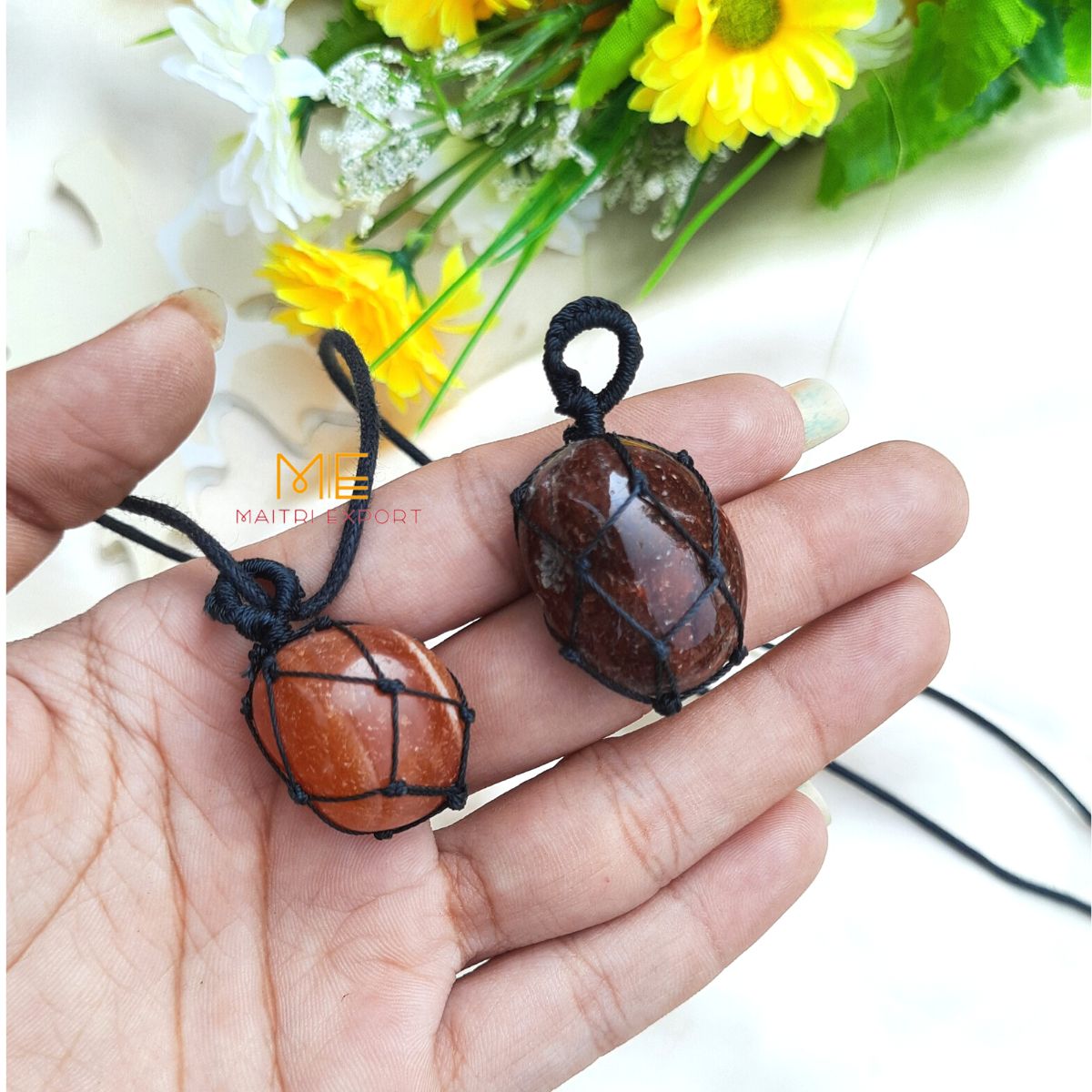 Thread wrapped macrame Crystal tumble pendants with black thread chain-Carnelian-Maitri Export | Crystals Store