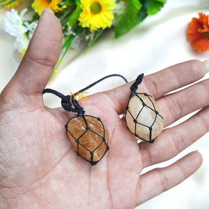 Thread wrapped macrame Crystal tumble pendants with black thread chain-Citrine-Maitri Export | Crystals Store