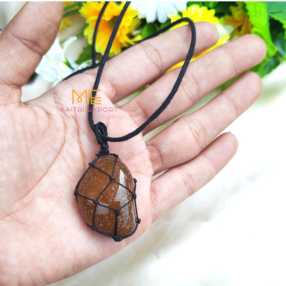 Thread wrapped macrame Crystal tumble pendants with black thread chain-Maitri Export | Crystals Store