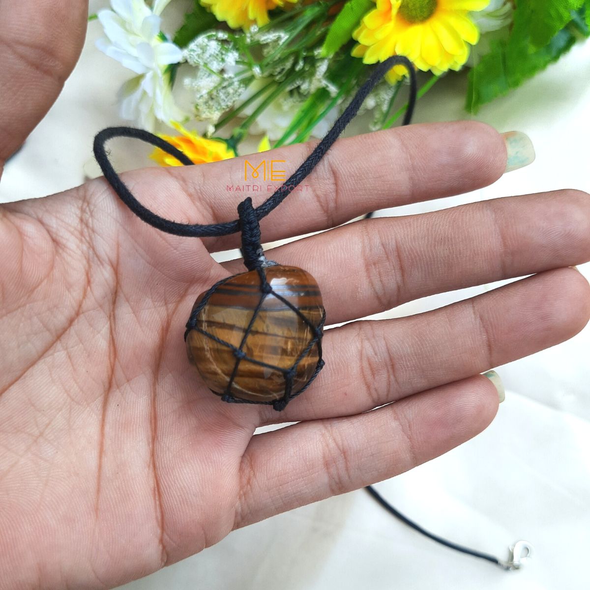 Thread wrapped macrame Crystal tumble pendants with black thread chain-Tiger Eye-Maitri Export | Crystals Store