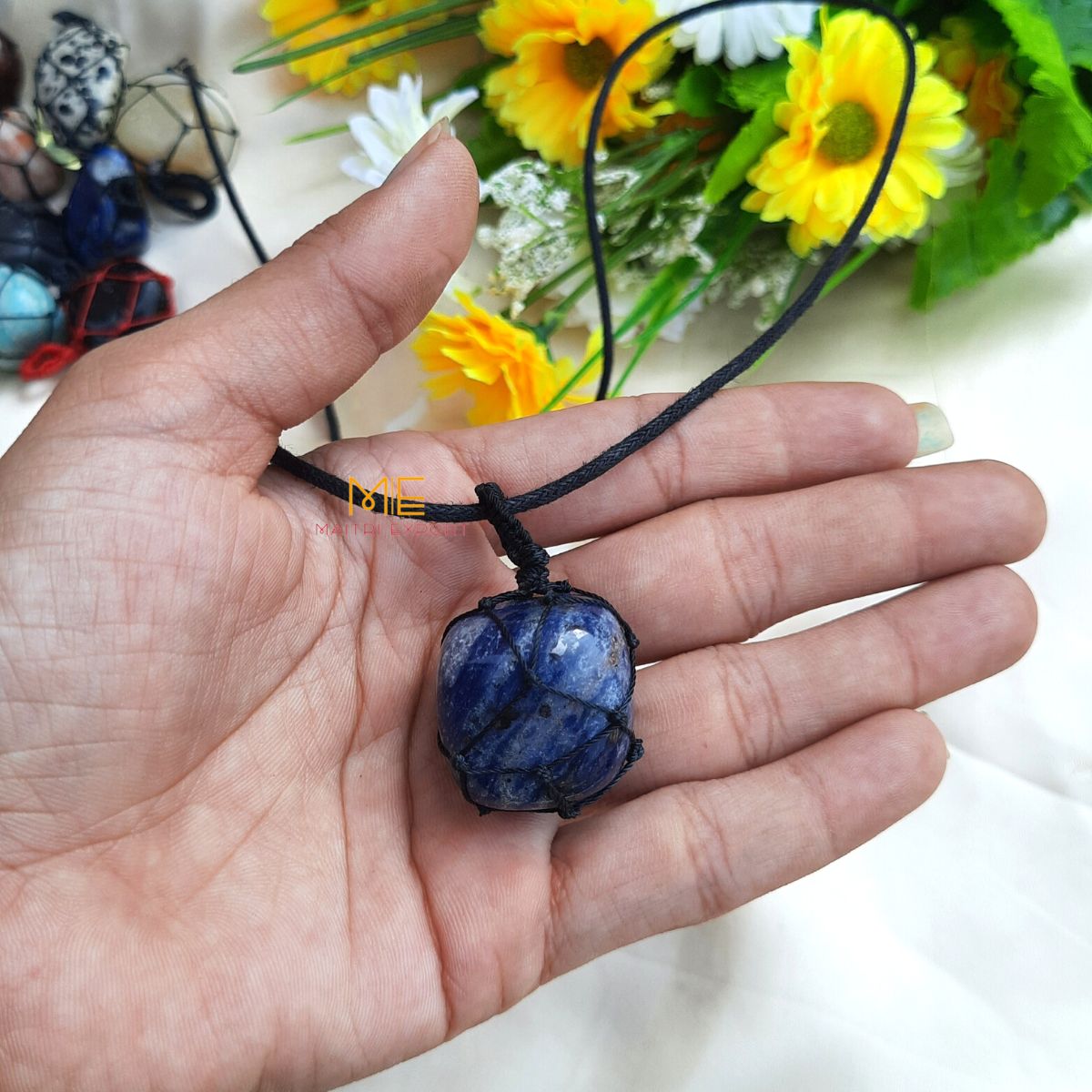 Thread wrapped macrame Crystal tumble pendants with black thread chain-Sodalite-Maitri Export | Crystals Store