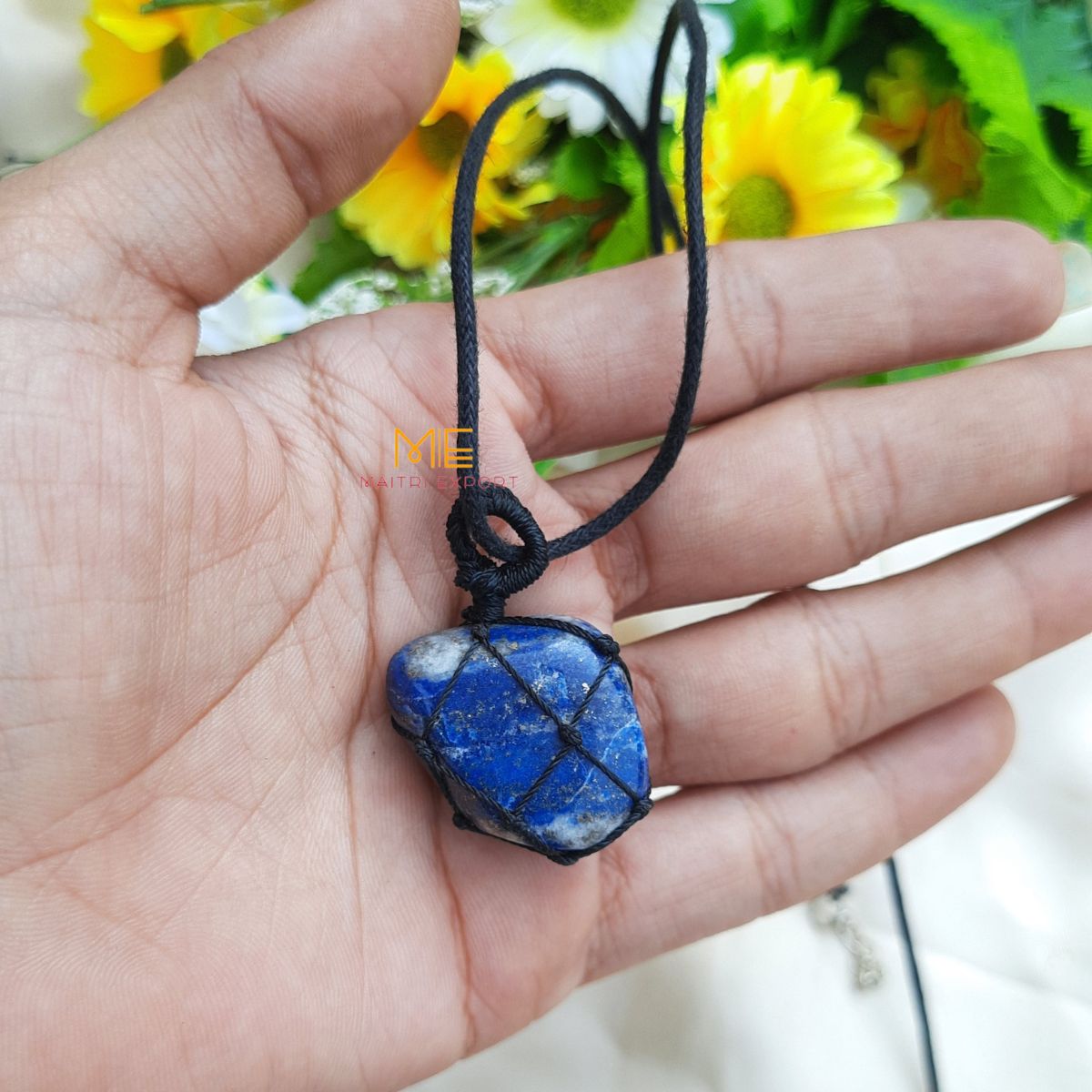 Thread wrapped macrame Crystal tumble pendants with black thread chain-Lapis Lazuli-Maitri Export | Crystals Store