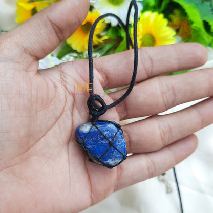 Thread wrapped macrame Crystal tumble pendants with black thread chain-Lapis Lazuli-Maitri Export | Crystals Store