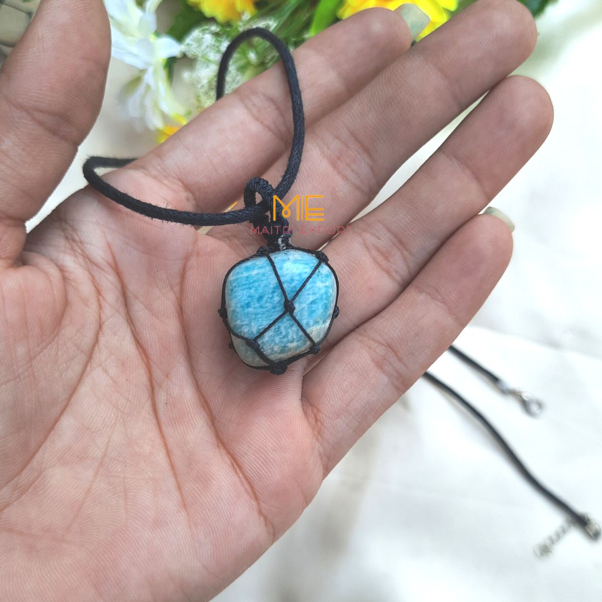 Thread wrapped macrame Crystal tumble pendants with black thread chain-Amazonite-Maitri Export | Crystals Store