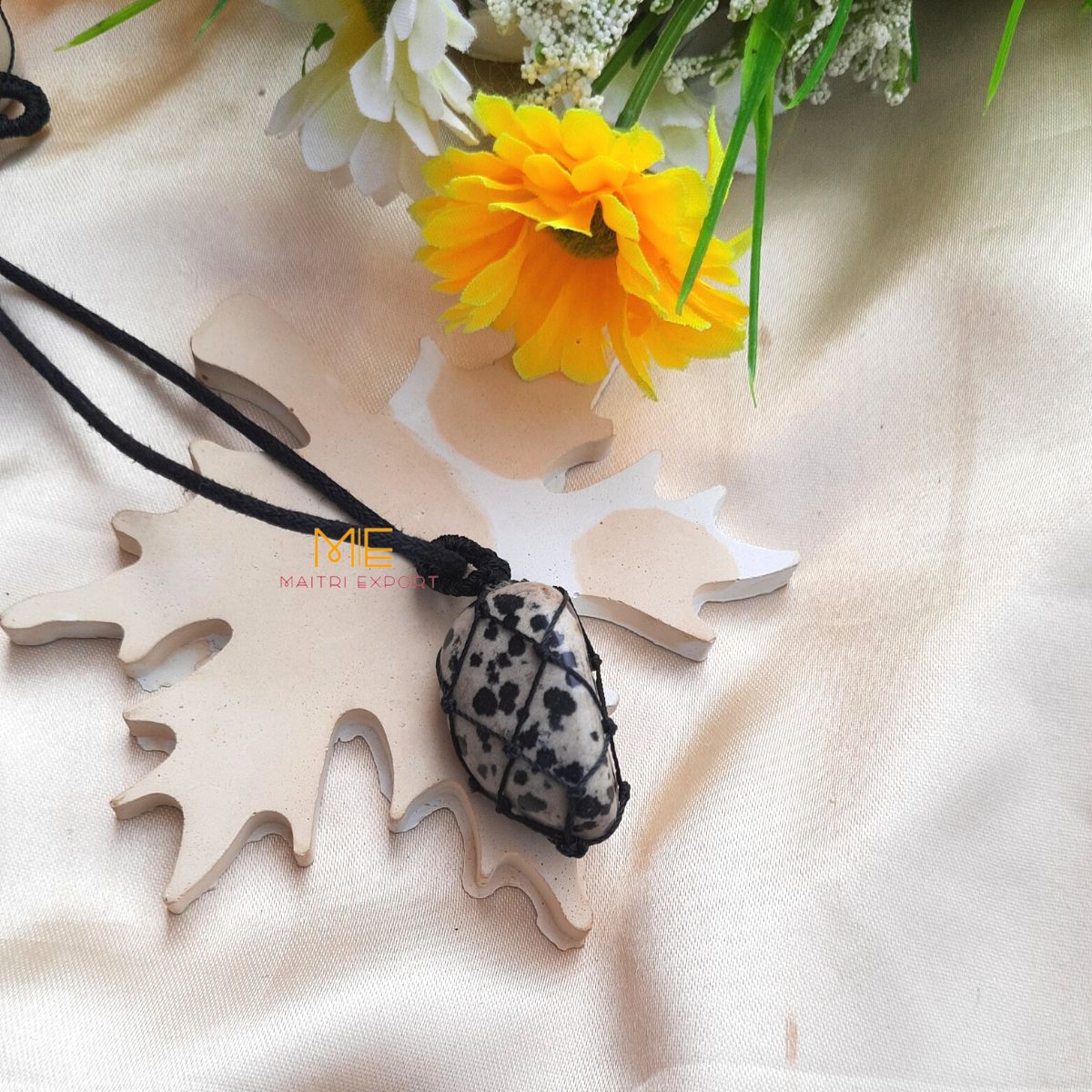 Thread wrapped macrame Crystal tumble pendants with black thread chain-Maitri Export | Crystals Store