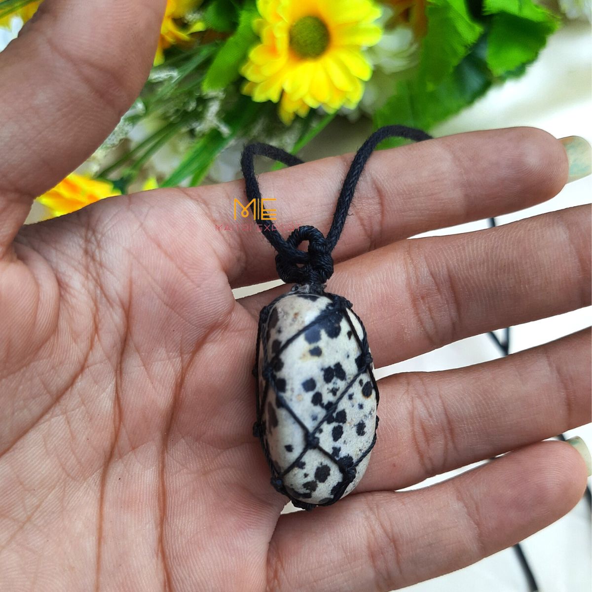 Thread wrapped macrame Crystal tumble pendants with black thread chain-Dalmatian-Maitri Export | Crystals Store