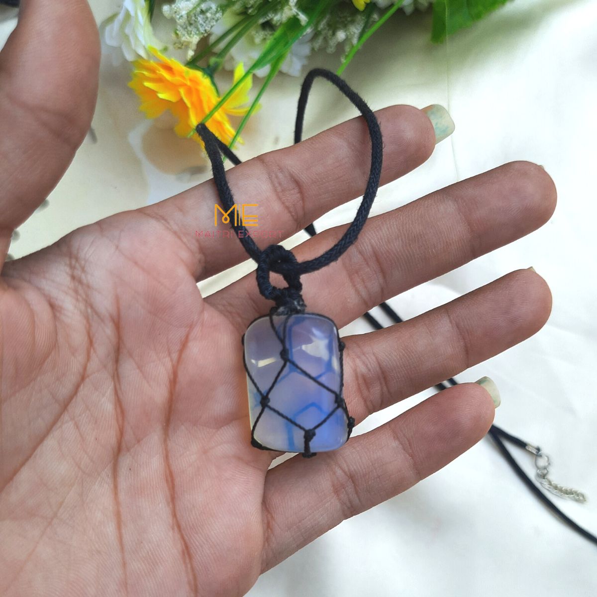 Thread wrapped macrame Crystal tumble pendants with black thread chain-Opalite-Maitri Export | Crystals Store