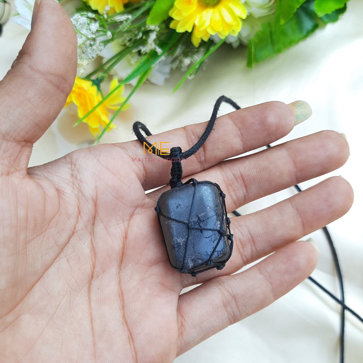 Thread wrapped macrame Crystal tumble pendants with black thread chain-Hematite-Maitri Export | Crystals Store