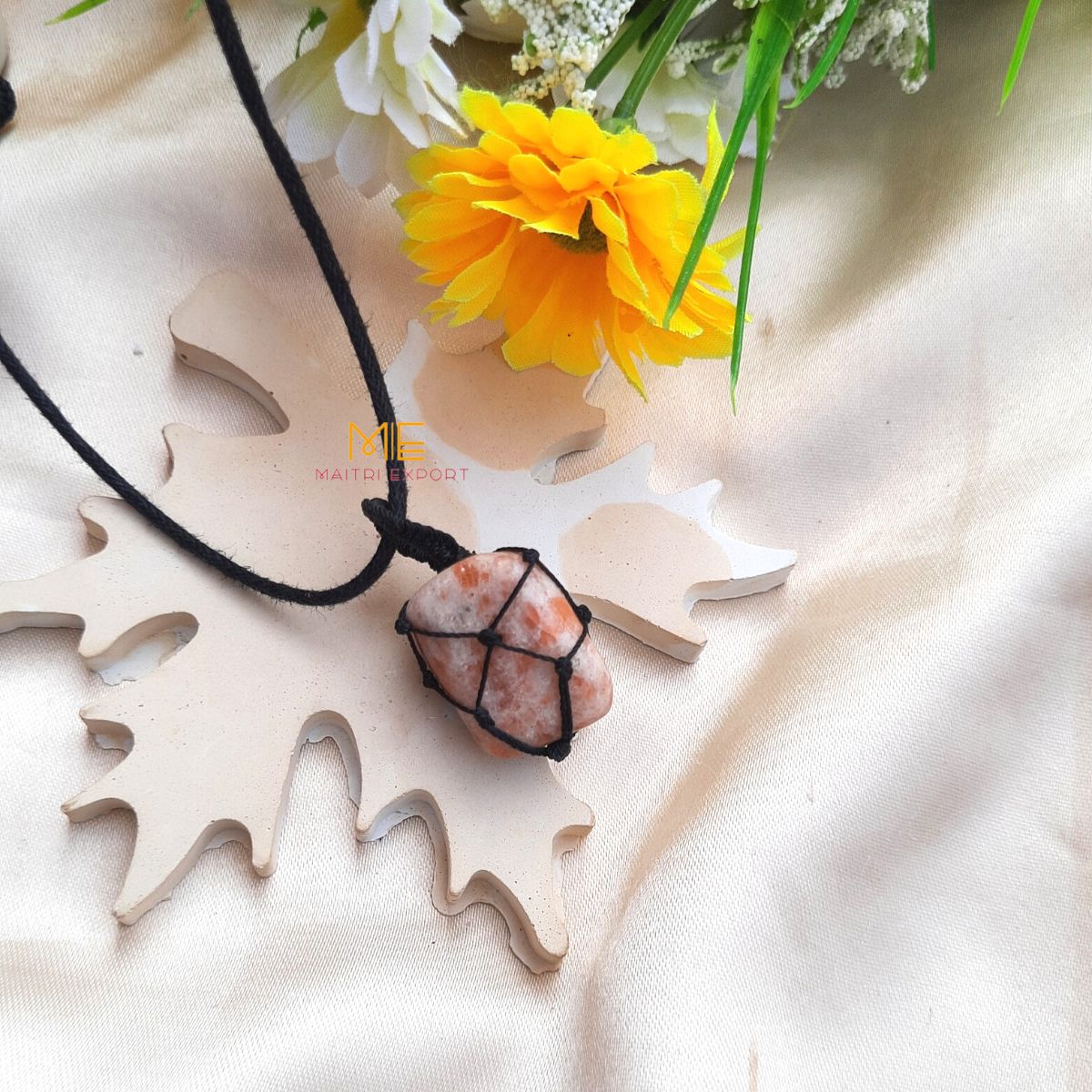 Thread wrapped macrame Crystal tumble pendants with black thread chain-Sunstone-Maitri Export | Crystals Store