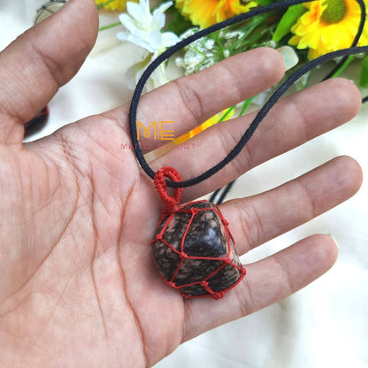 Thread wrapped macrame Crystal tumble pendants with black thread chain-Rhodonite-Maitri Export | Crystals Store