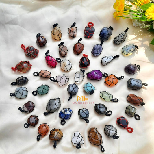 Thread wrapped macrame Crystal tumble pendants with black thread chain-Maitri Export | Crystals Store