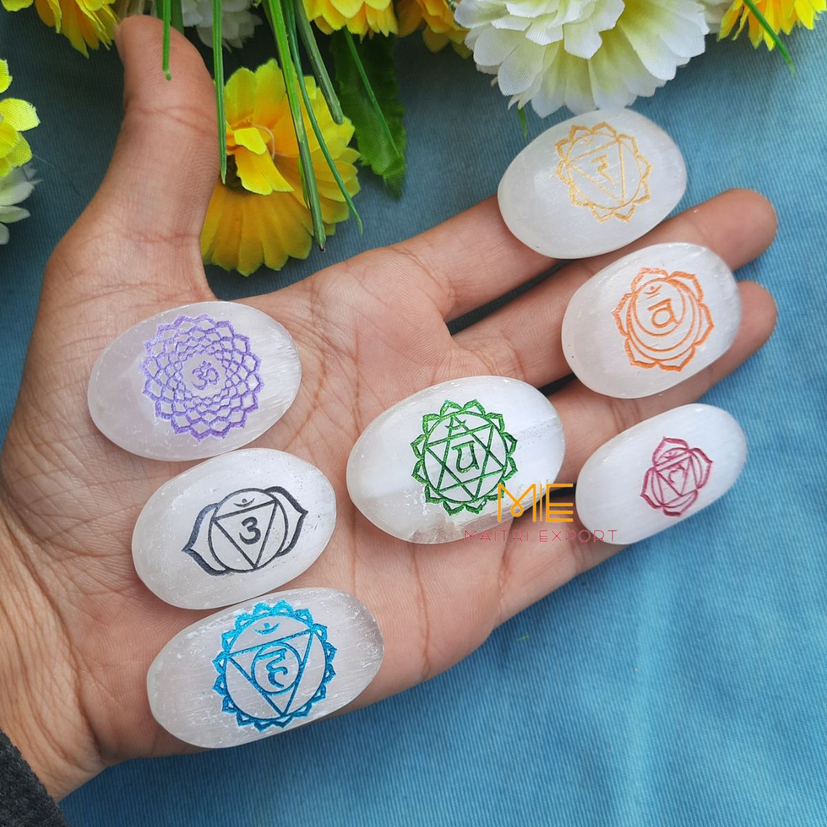 Natural selenite Different Engravings / Symbols Oval Set-seven chakra sanskrit symbol-Maitri Export | Crystals Store