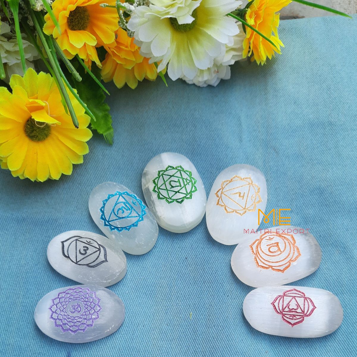 Natural selenite Different Engravings / Symbols Oval Set-Maitri Export | Crystals Store