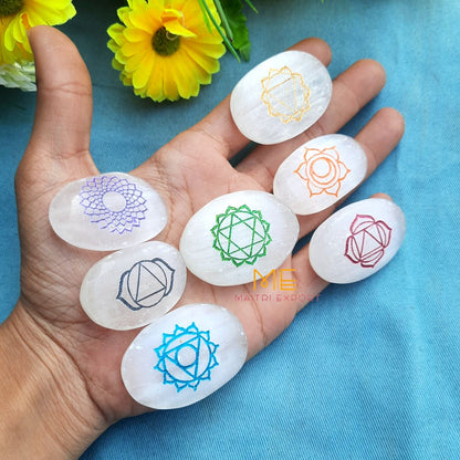 Natural selenite Different Engravings / Symbols Oval Set-seven chakra multicolor-Maitri Export | Crystals Store