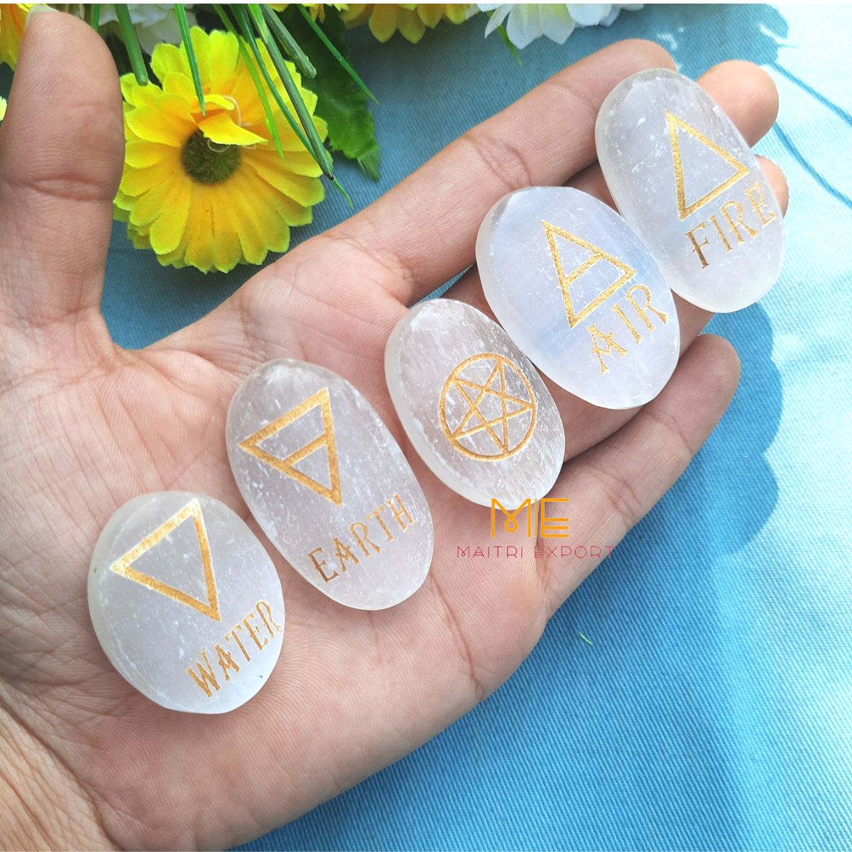 Natural selenite Different Engravings / Symbols Oval Set-element symbol carving-Maitri Export | Crystals Store