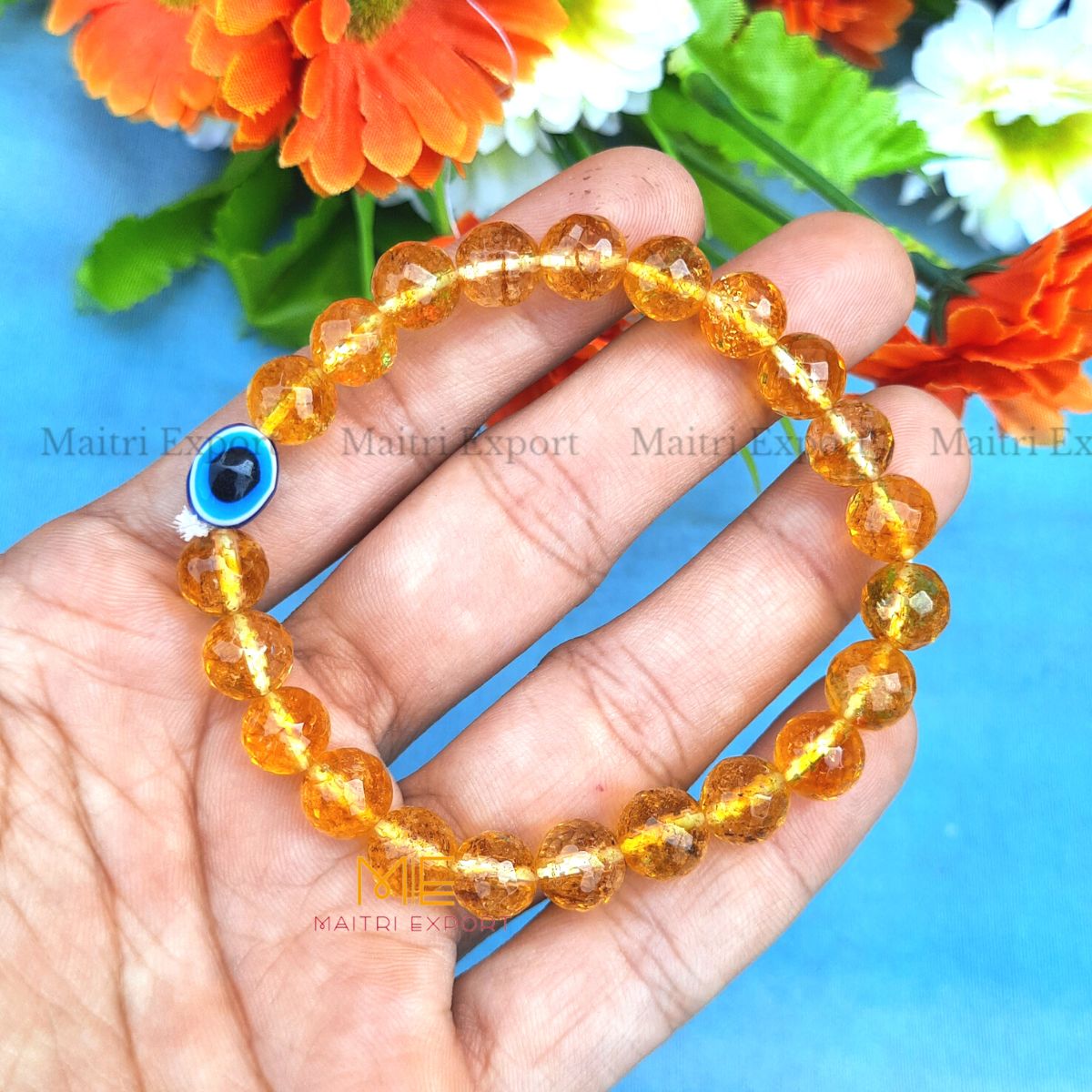 8mm faceted crystal beaded bracelet with evil eye-Citrine-Maitri Export | Crystals Store