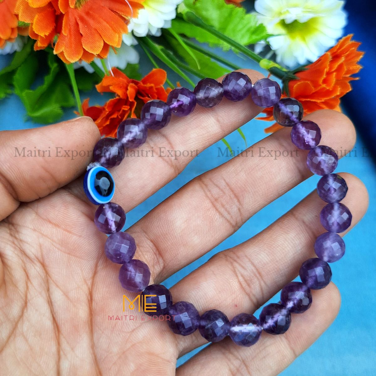 8mm faceted crystal beaded bracelet with evil eye-Amethyst-Maitri Export | Crystals Store