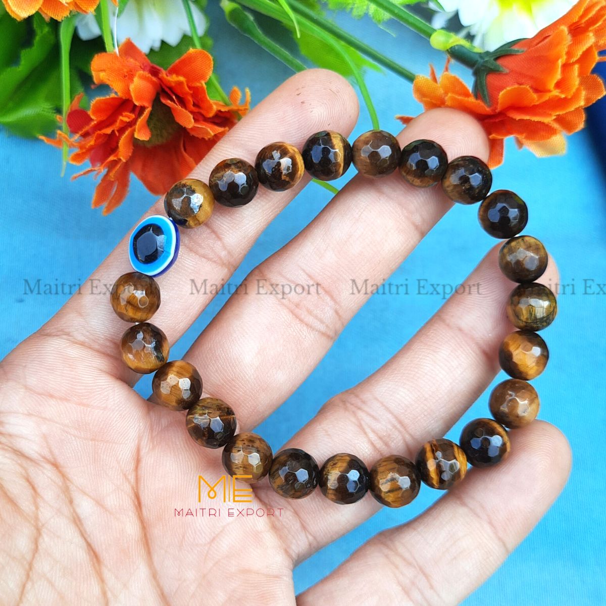 8mm faceted crystal beaded bracelet with evil eye-Tiger Eye-Maitri Export | Crystals Store