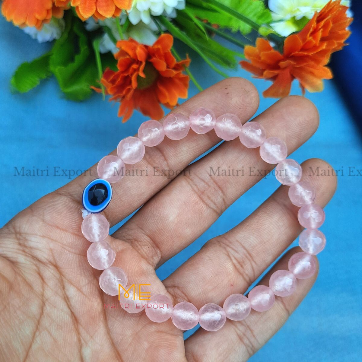 8mm faceted crystal beaded bracelet with evil eye-Rose Quartz-Maitri Export | Crystals Store