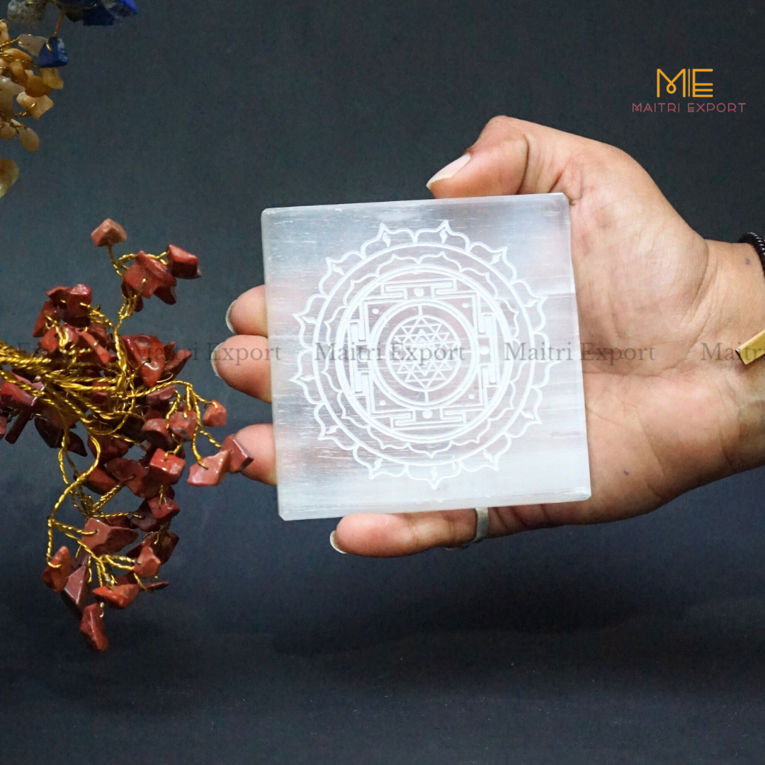 Natural selenite plate with different carvings-Maitri Export | Crystals Store