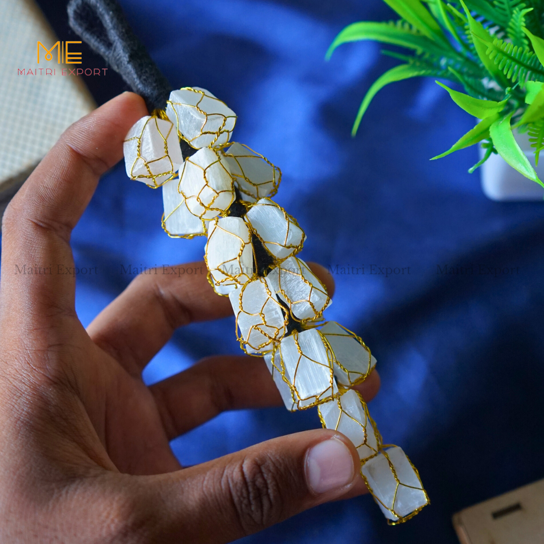 Selenite / Tourmaline raw door / car Hanger for home decor / gifting good for cleansing and negativity removal.-Selenite-21 Beads-Maitri Export | Crystals Store