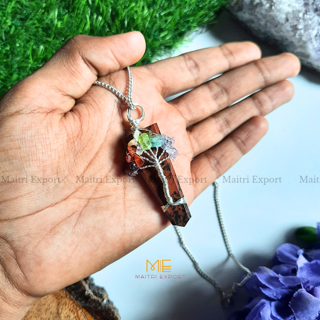 Natural Different Crystal Stone Flat Point Pendant with 7 chakra Tree of Life wire design-Mahogany Obsidian-Maitri Export | Crystals Store