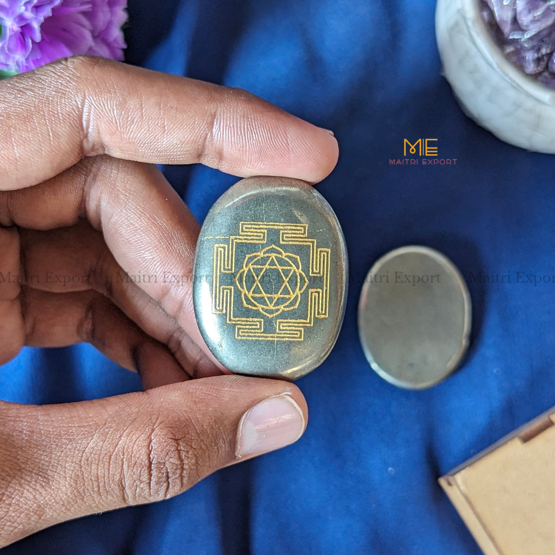 Natural Crystal Coin with Shreeyantra Symbol for Prosperity-Pyrite-Maitri Export | Crystals Store