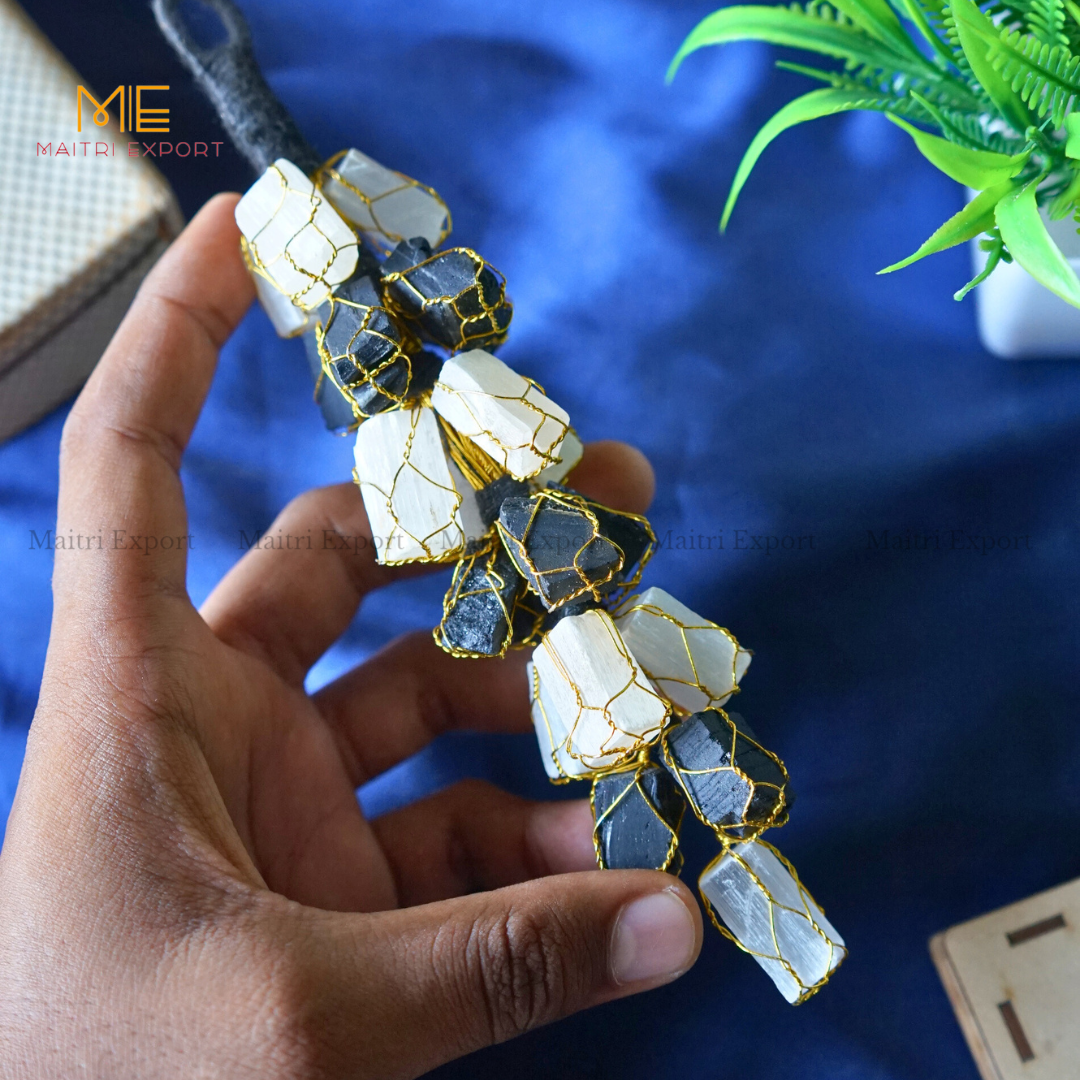 Selenite / Tourmaline raw door / car Hanger for home decor / gifting good for cleansing and negativity removal.-Selenite / Tourmaline-21 Beads-Maitri Export | Crystals Store