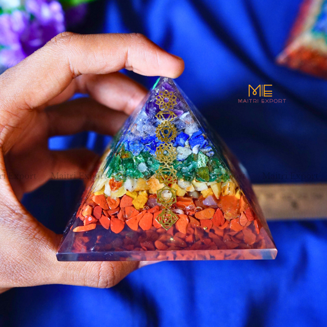 7 Chakra Orgone Pyramid with 7 Chakra Symbol-Maitri Export | Crystals Store