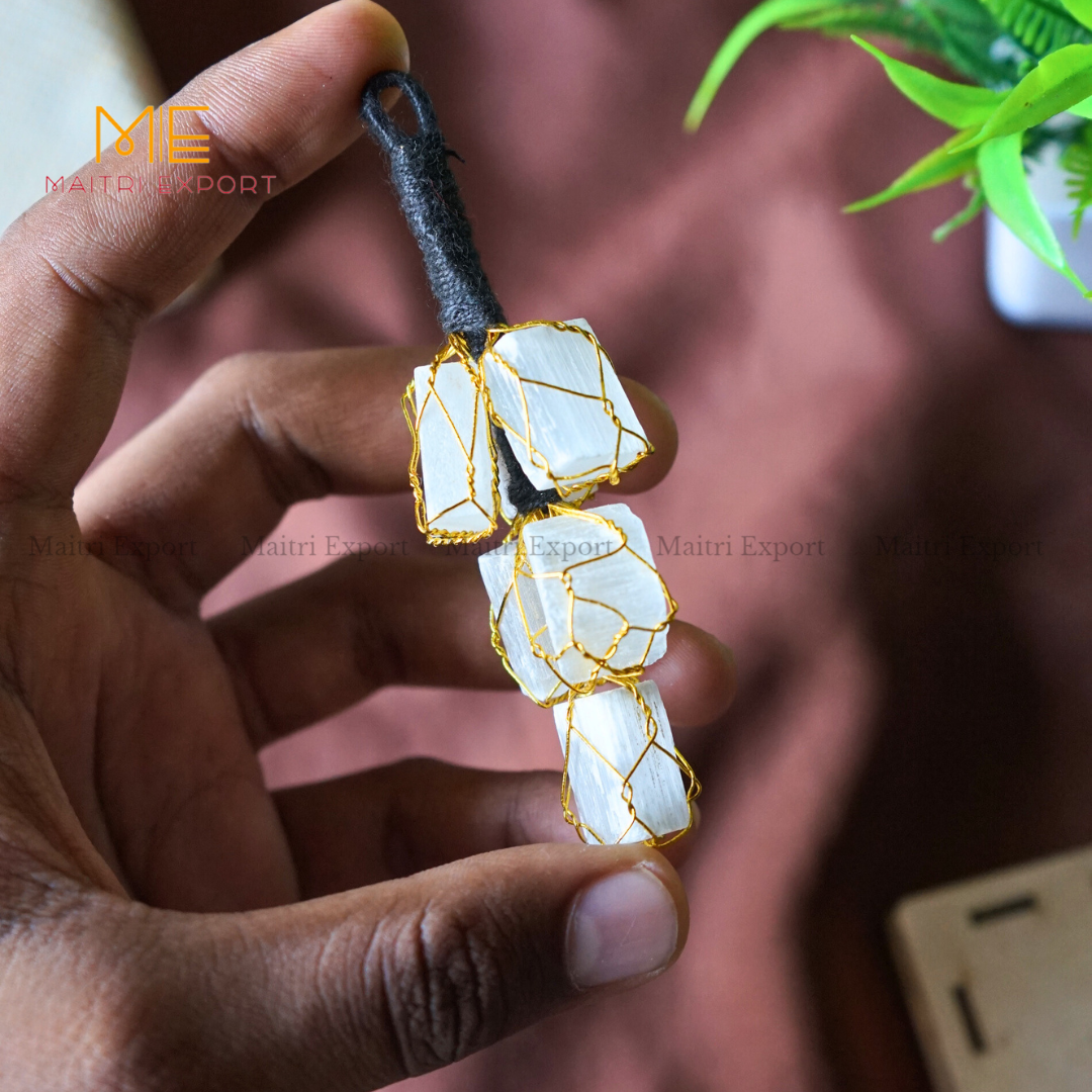 Selenite / Tourmaline raw door / car Hanger for home decor / gifting good for cleansing and negativity removal.-Selenite-6 Beads-Maitri Export | Crystals Store