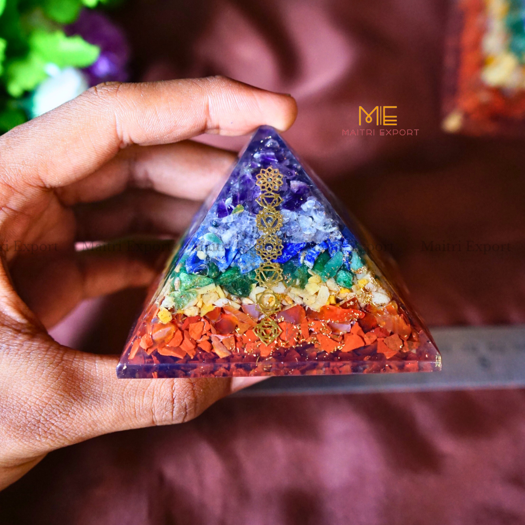 7 Chakra Orgone Pyramid with 7 Chakra Symbol-Maitri Export | Crystals Store