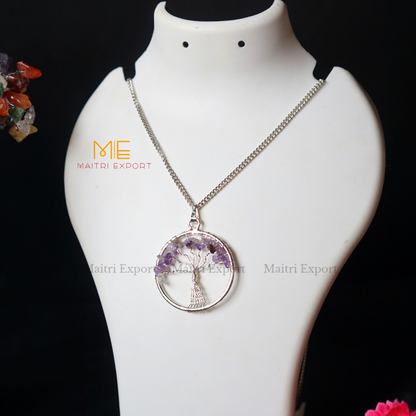 Natural crystal stones tree of life pendants made from mini crystal chips-Amethyst-Maitri Export | Crystals Store