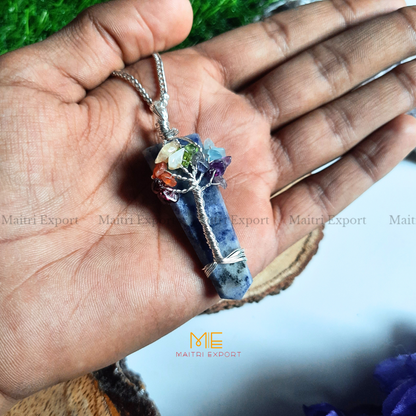 Natural Different Crystal Stone Flat Point Pendant with 7 chakra Tree of Life wire design-Sodalite-Maitri Export | Crystals Store