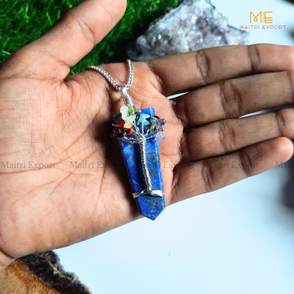 Natural Different Crystal Stone Flat Point Pendant with 7 chakra Tree of Life wire design-Lapis Lazuli-Maitri Export | Crystals Store
