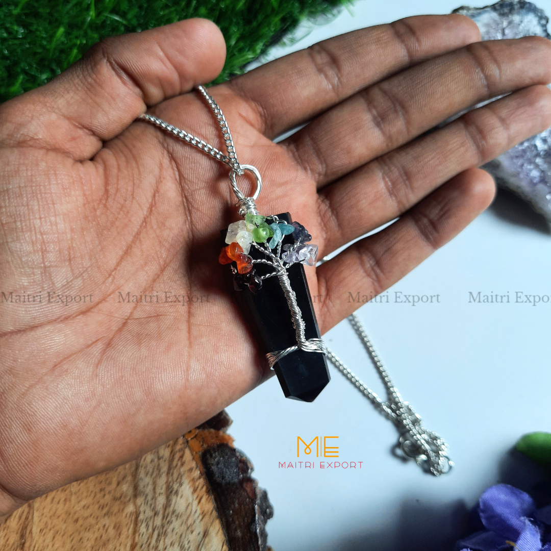 Natural Different Crystal Stone Flat Point Pendant with 7 chakra Tree of Life wire design-Black tourmaline-Maitri Export | Crystals Store
