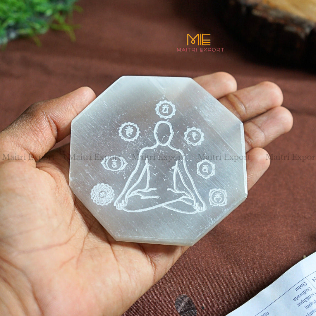 Natural selenite plate with different carvings-Octagon-7 chakra sanskrit with buddha-Maitri Export | Crystals Store