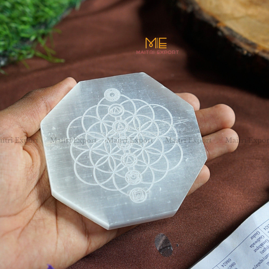 Natural selenite plate with different carvings-Octagon-7 chakra with flower of life-Maitri Export | Crystals Store