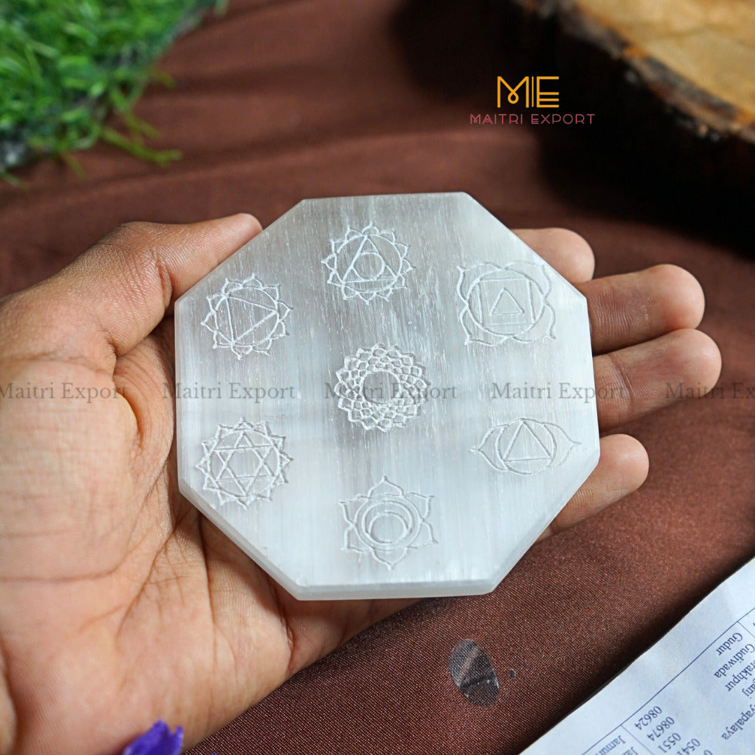 Natural selenite plate with different carvings-Octagon-7 chakra White-Maitri Export | Crystals Store